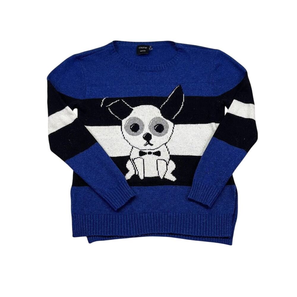 Cliché Couture Dog Sweater Colorblock Graphic Knit Chihuahua Bow Tie Sweater XS
